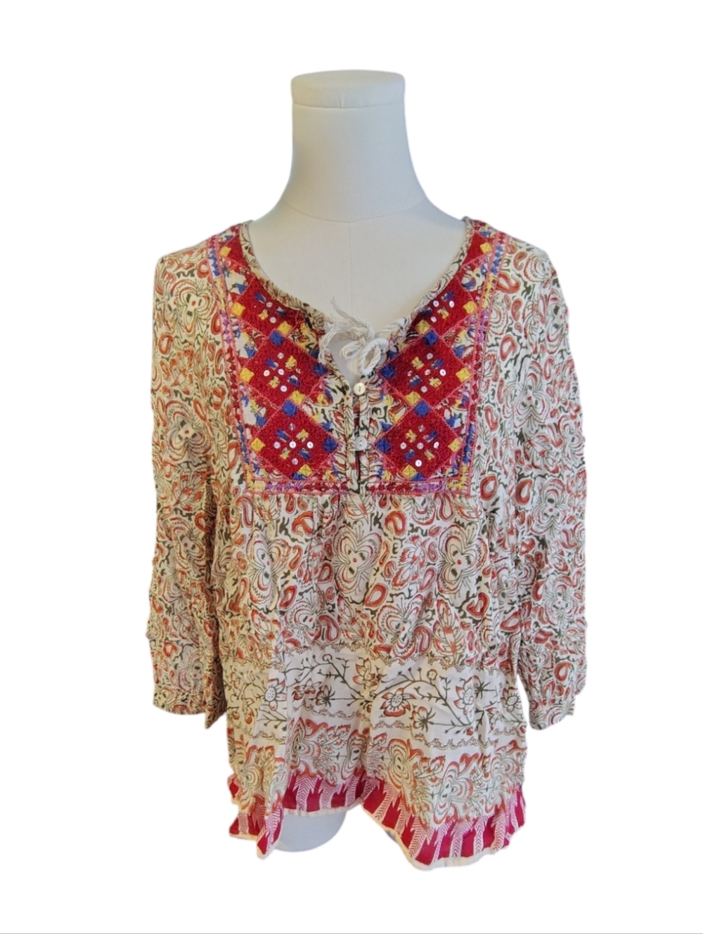 Cost Plus World Market Bohemian Red Cream Cottagecore Blouse Size Large XL